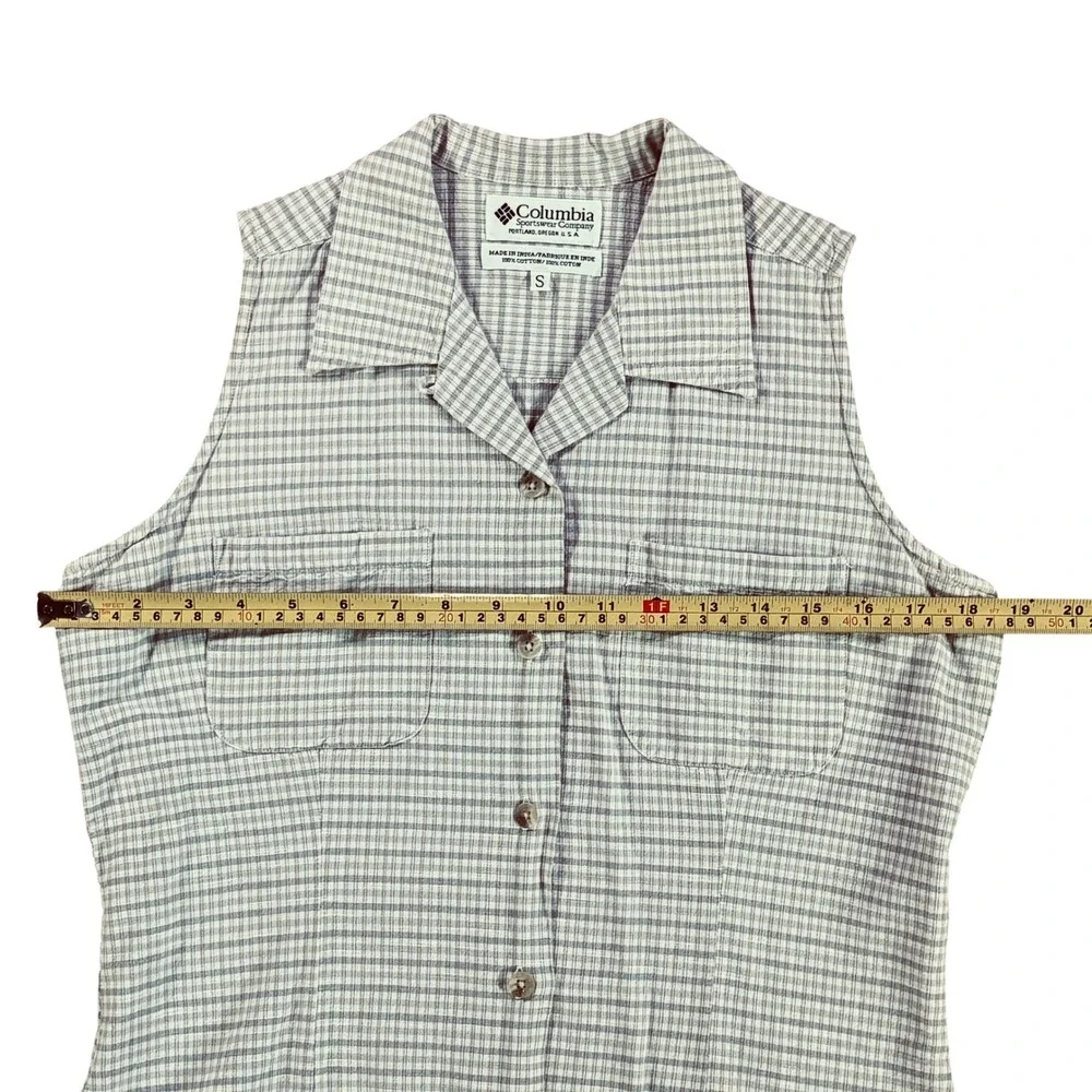 Columbia Women's Small Sleeveless Gingham Button Down In Olive, White Cotton